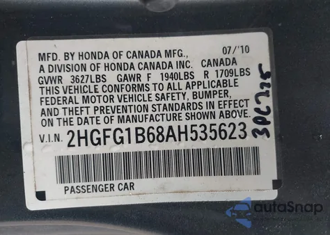 2010 Honda Civic Lx из США, поврежденный, VIN 2HGFG1B68AH535623